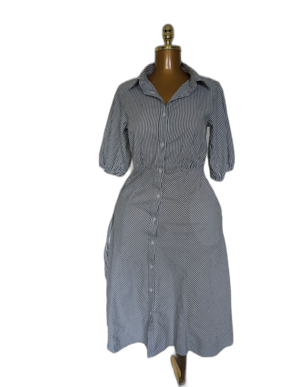 Striped Midi CottonShirt Dress Green & White Nautical Button Down Puff Sleeve-XS